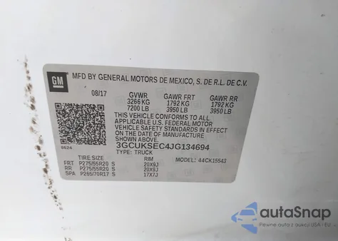 2018 Chevrolet Silverado 1500 2Lz z USA, uszkodzony, nr VIN 3GCUKSEC4JG134694